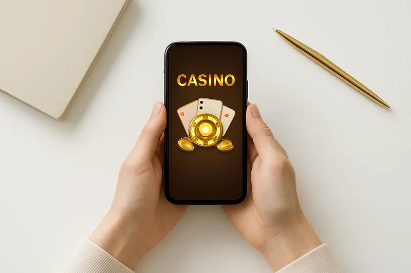 Hands holding phone with casino app above white desk