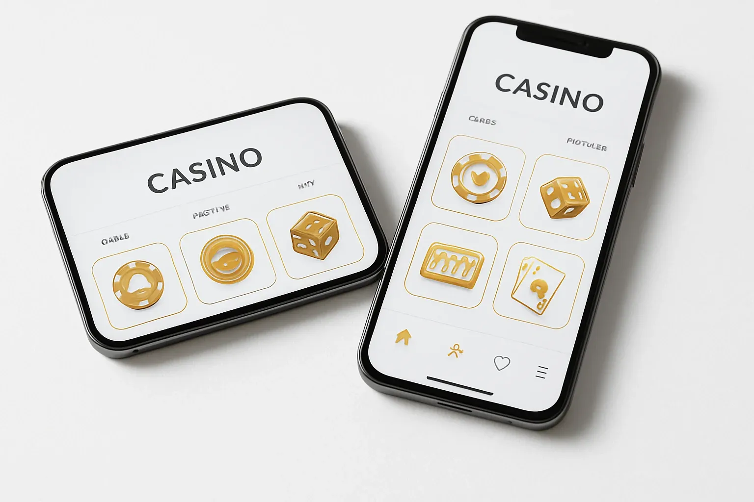 Two smartphones displaying a clean light casino app on white surface