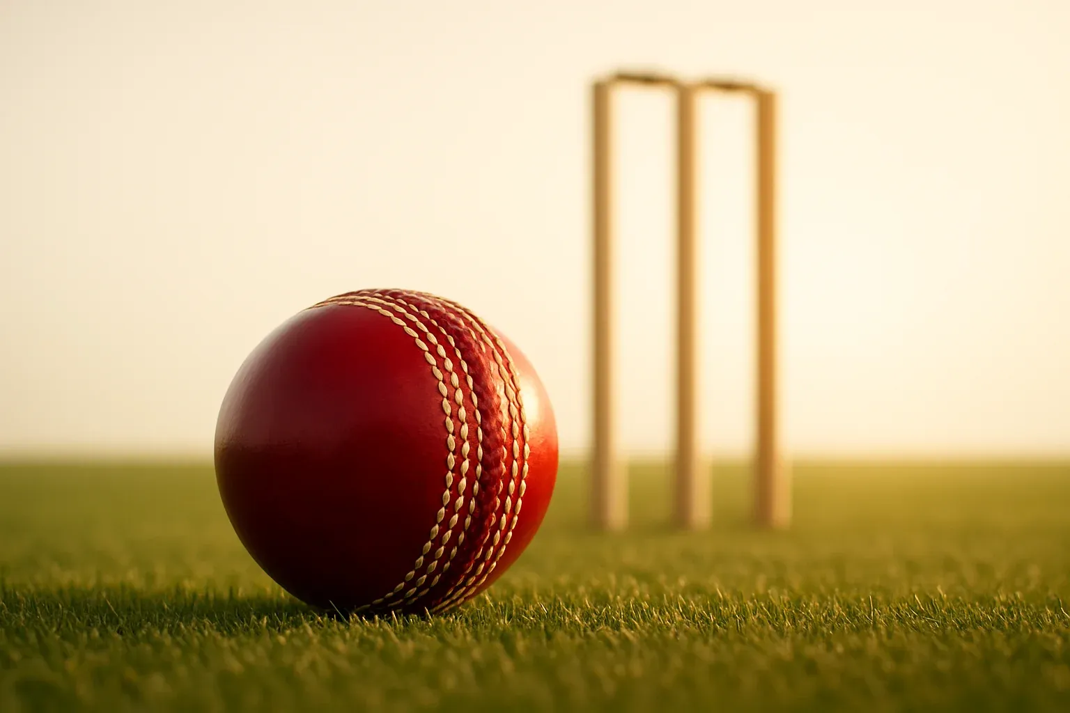 Cricket Ball At Dusk Red cricket ball on mown grass with stumps at dusk