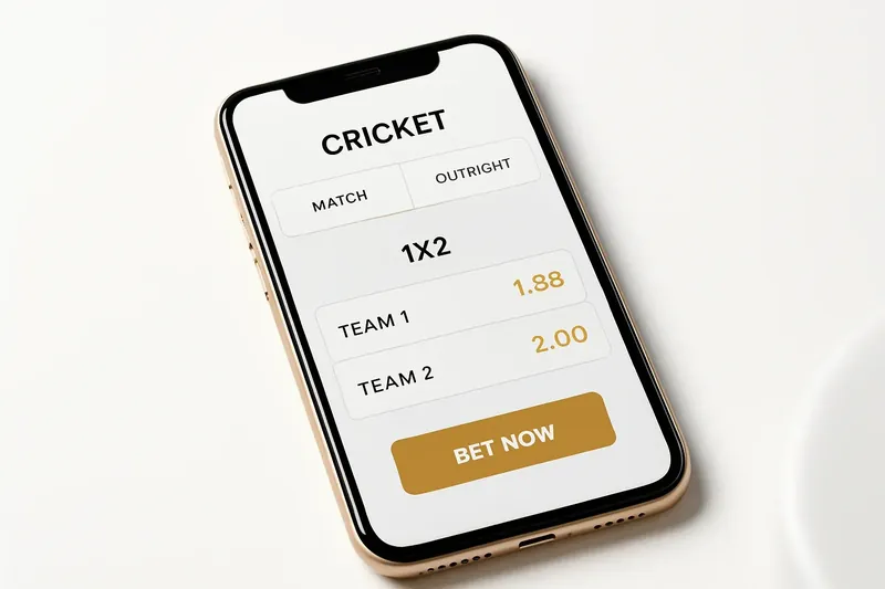 Phone screen showing modern cricket betting odds interface in white and gold