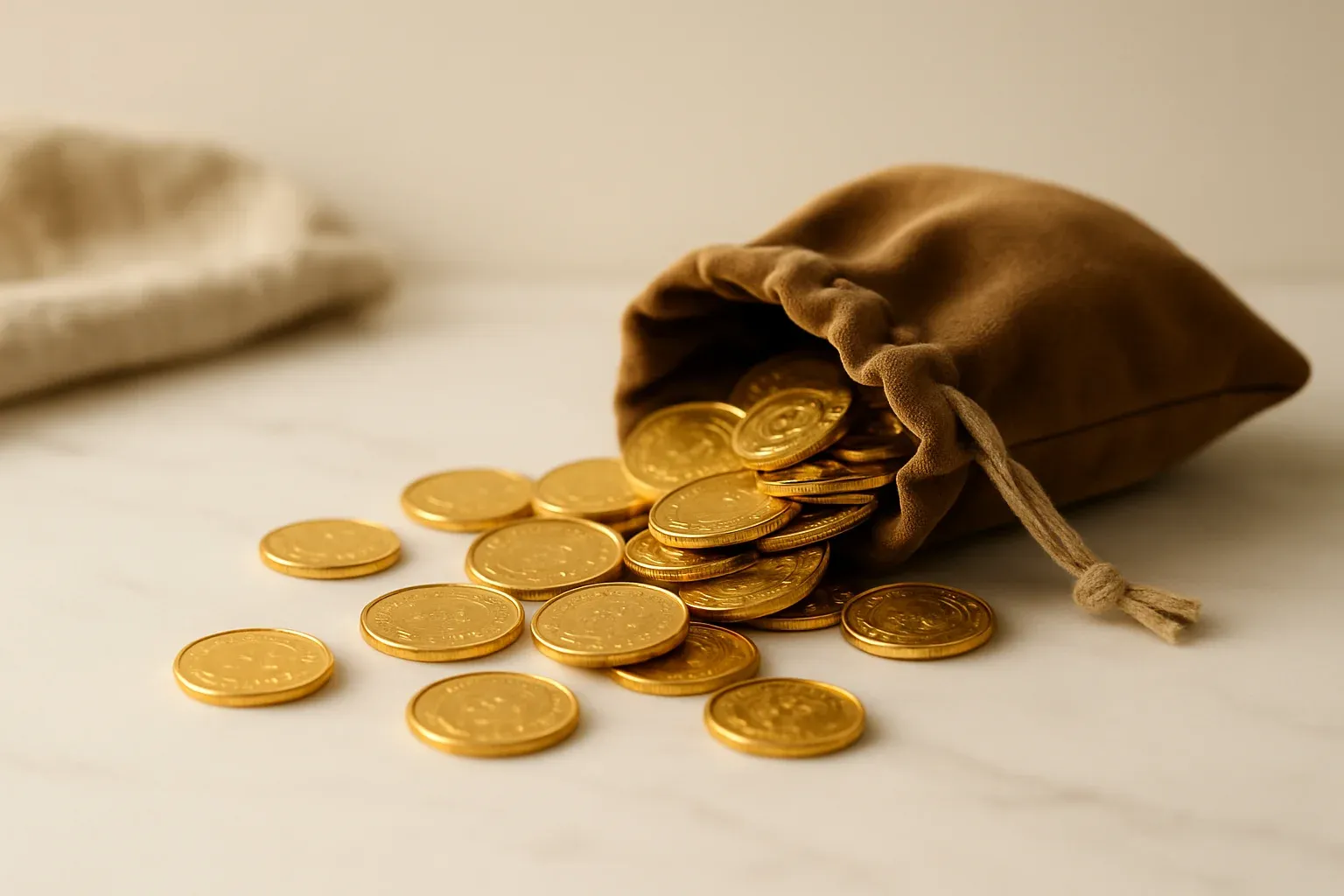 Golden Coin Cascade Golden coins spilling from velvet pouch on white marble surface