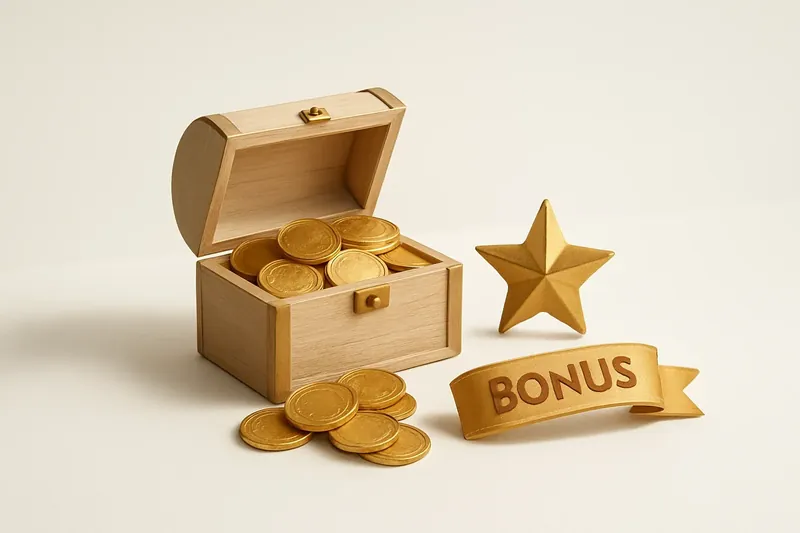 Open treasure box with gold coins, star badge and bonus ribbon