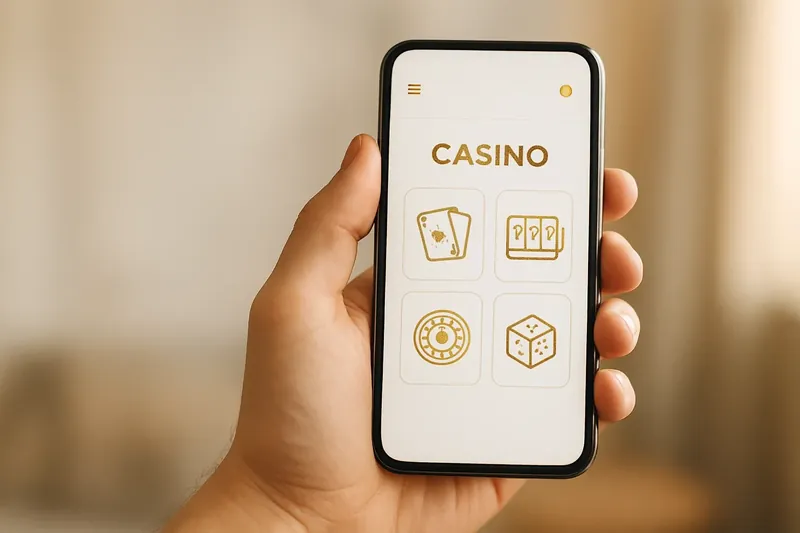 Hand holding smartphone with clean light-themed casino app interface