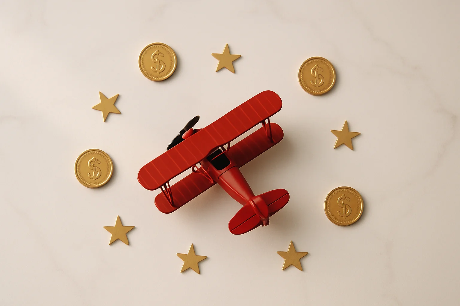 Miniature Red Airplane Miniature red airplane with gold coins and star tokens on marble