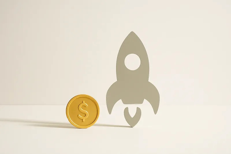 Minimalist rocket icon with gold coin on white background