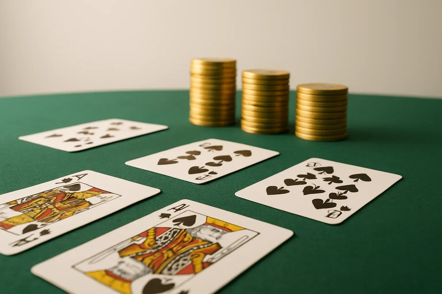 Casino Table Close-Up Green felt casino table with arranged cards and gold chips