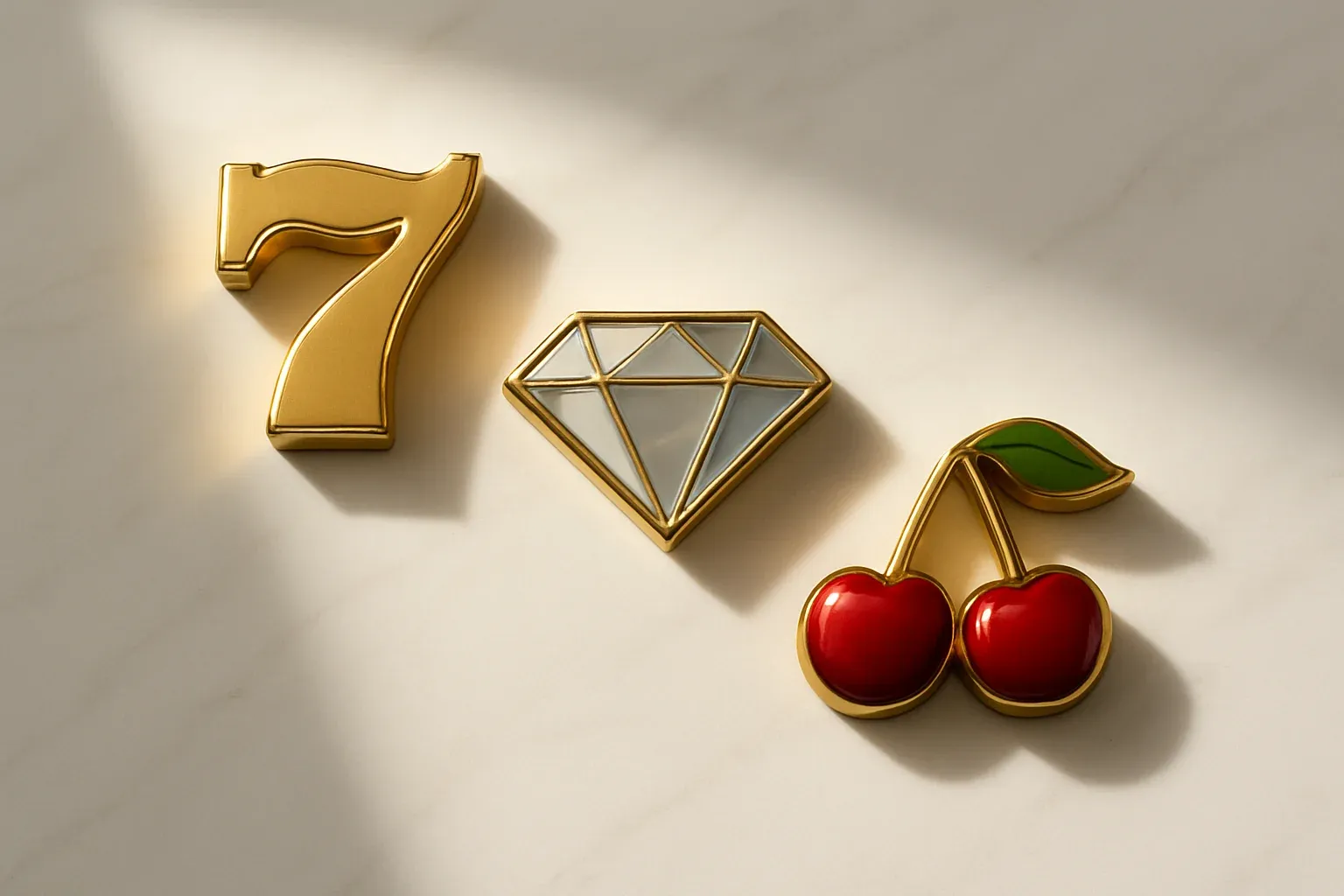 Slot Symbols Flat Lay Three polished slot symbols on white marble with warm spotlights